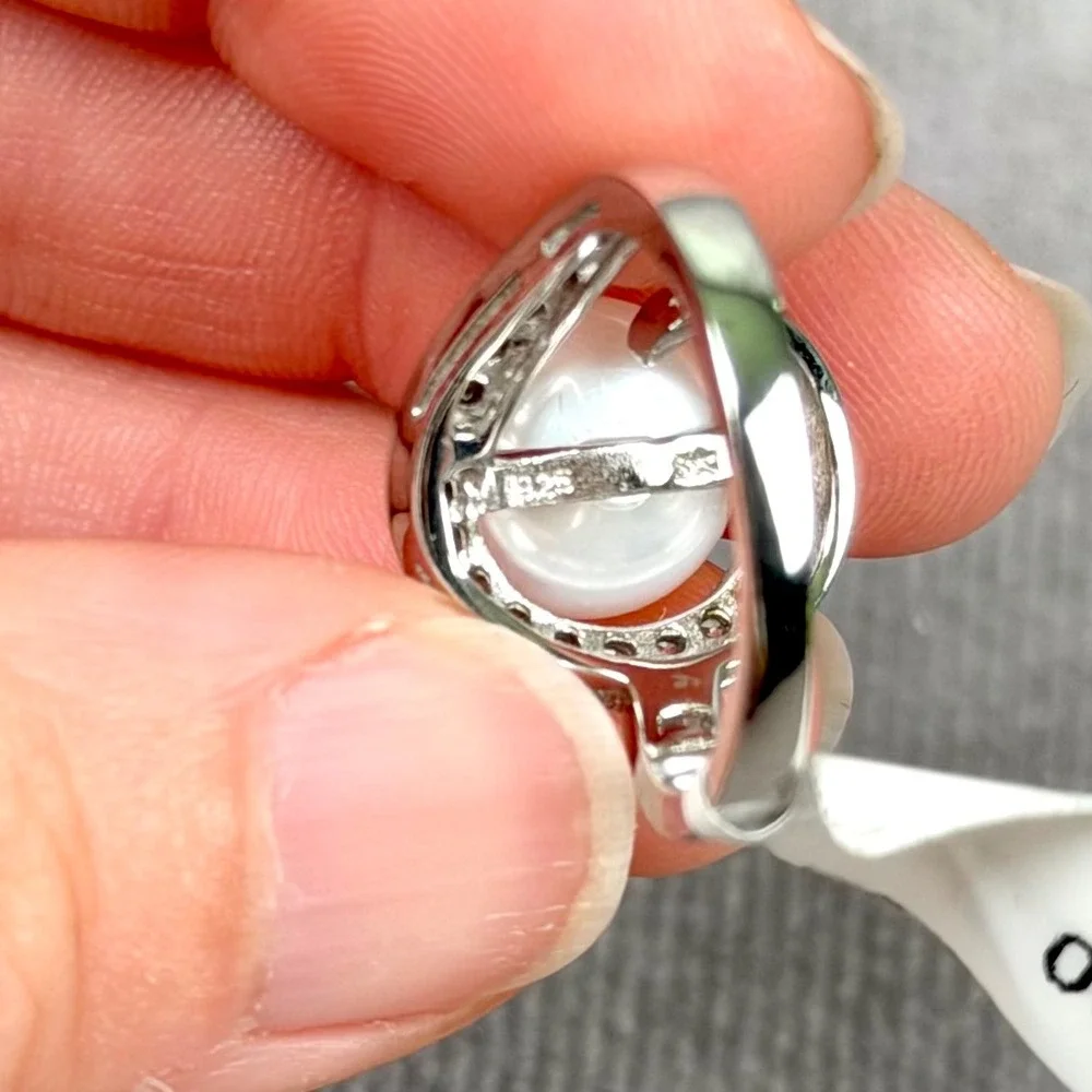Sterling Silver White Pearl CZ Bypass Halo Cocktail Ring Fairycore Size 6.5